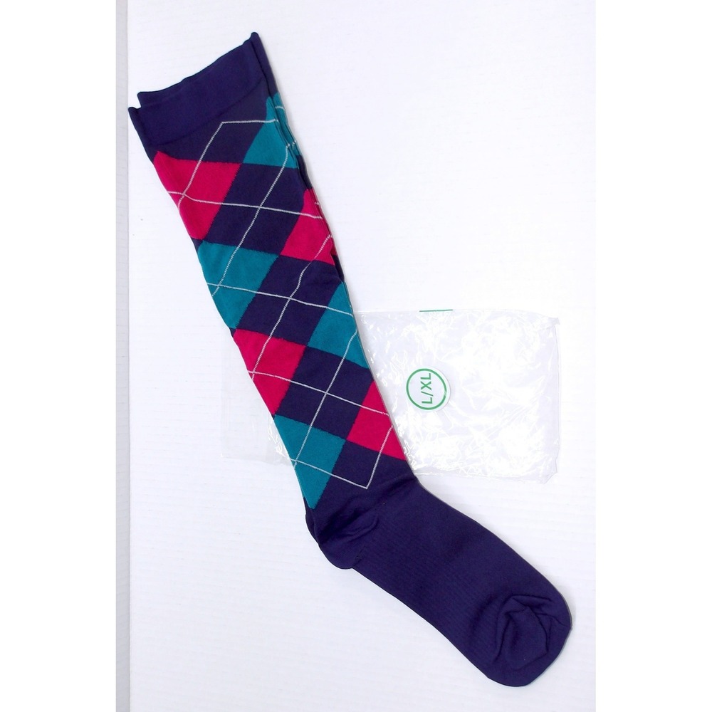 Argyle Pattern Compression Socks LXL Navy Teal Pink‎ Diamond Print L/XL #1372